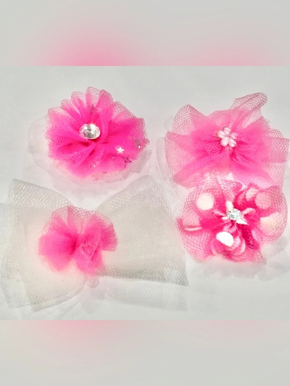 Set of Four Pink and White Floral Tulle Hair Bows for Small Dogs